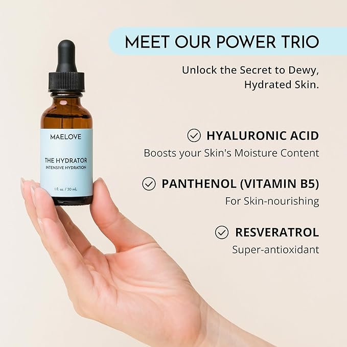 MAELOVE Hydrator Hyaluronic Acid B5 Serum with Resveratrol for Instantly Dewy Glow, Fills Fine Lines, Lightweight and Non Greasy, 1.0 fl oz