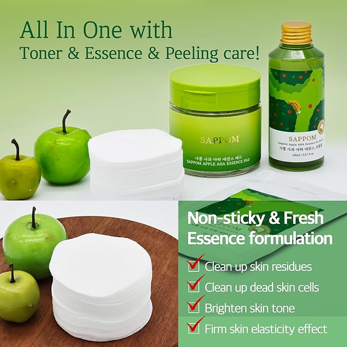 Apple AHA Essence Pad, Green Apple, with AHA, Toner pad, Soothing and Peeling, 60 vegan sheets-for sensitive skin, Hydrating care