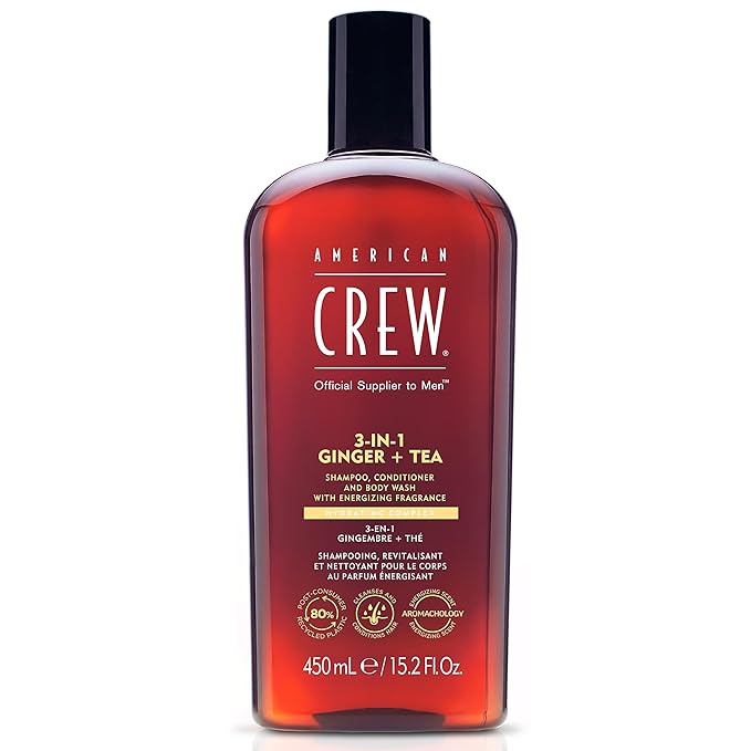 AMERICAN CREW 3-in-1 Ginger & Tea, Shampoo, Conditioner & Body Wash for Men, Hair Care Gift for Him, Revitalizing and Refreshing Fragrance, 15.2 fl oz