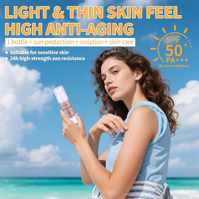 Tinted Face Sunscreen - Waterproof & Lightweight Liquid Foundation with SPF 50++, 3-in-1 Full Coverage Foundation Smooths & Blurs Pores, 201 Medium