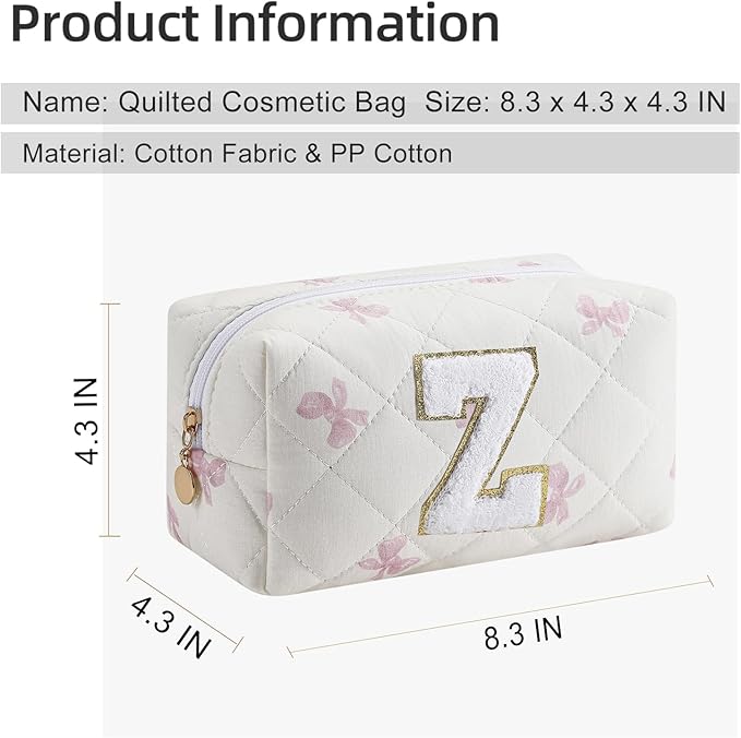 Gleyemor Personalized Initial Makeup Bag for Women, Cute Quilted Pink Floral Cotton Cosmetic Bag, Christmas Gifts for Her Mom Friend Sister Bridesmaid Teacher Women Z