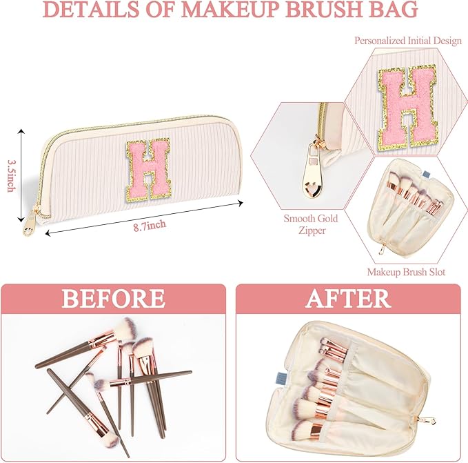 Personalized Initial Makeup Bag Trendy Stuff Corduroy Cosmetic Bag Travel Toiletry Bag, Christmas/Thanksgiving/Halloween Gifts Makeup Organizer Case for Women Girls Mom Girlfriend Wife - White