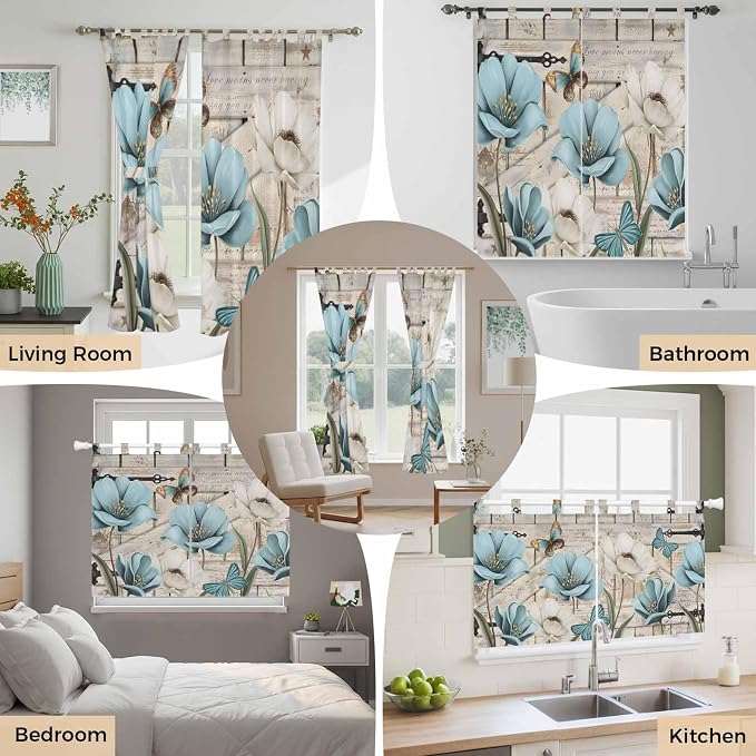 Teal Blue Tulips Kitchen Curtains 36 Inch Length, Small Window Curtains Tab Top - Image 7