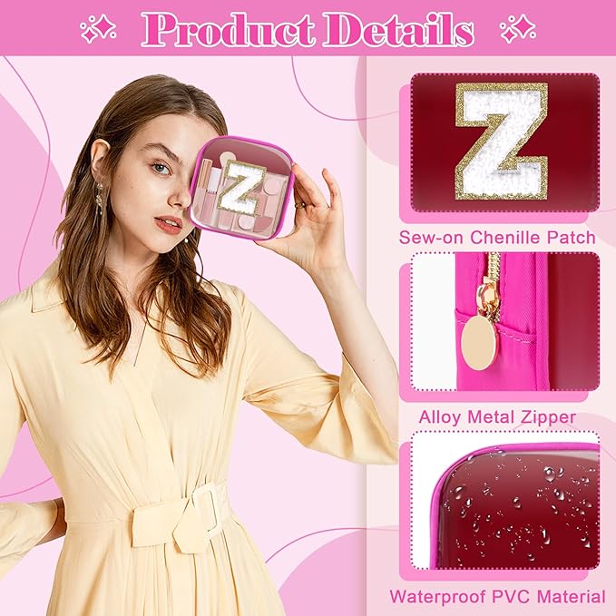 Personalized Initial Letter Clear Preppy Makeup Bag,Mini Nylon Chenille Letter Cosmetic Bag Cute Zipper Pouch Coin Purse for Teen Girls,Portable TSA Approved Travel Essentials Bag Gift for Women,Z
