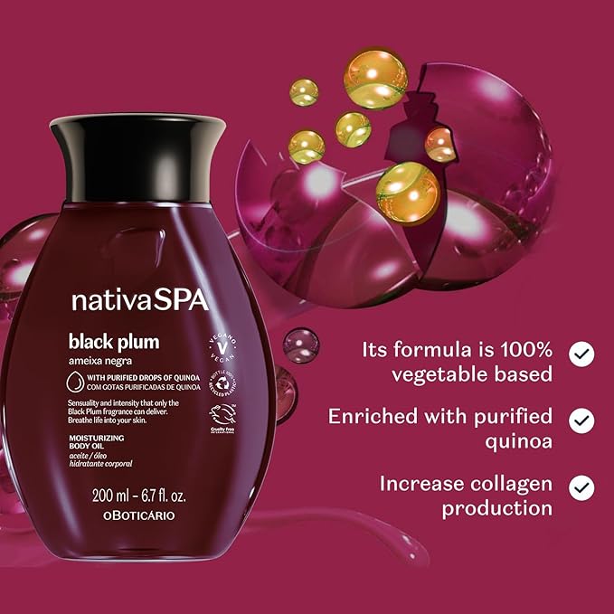 Nativa SPA by O Boticário, Black Plum Body Oil, Scented Moisturizer, Enriched with Purified Quinoa Drops to Boost Hydration, 6.8 Ounce