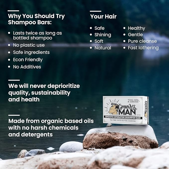 Grown Ass Man Co. - Solid Shampoo Bar Rich Lather 3 in 1: Hair, Beard & Body Wash - Plastic Free & Eco-Friendly, Natural & Organic Clean for All Hair Types, 4oz Bar (Smooth Operator, 6-Pack)
