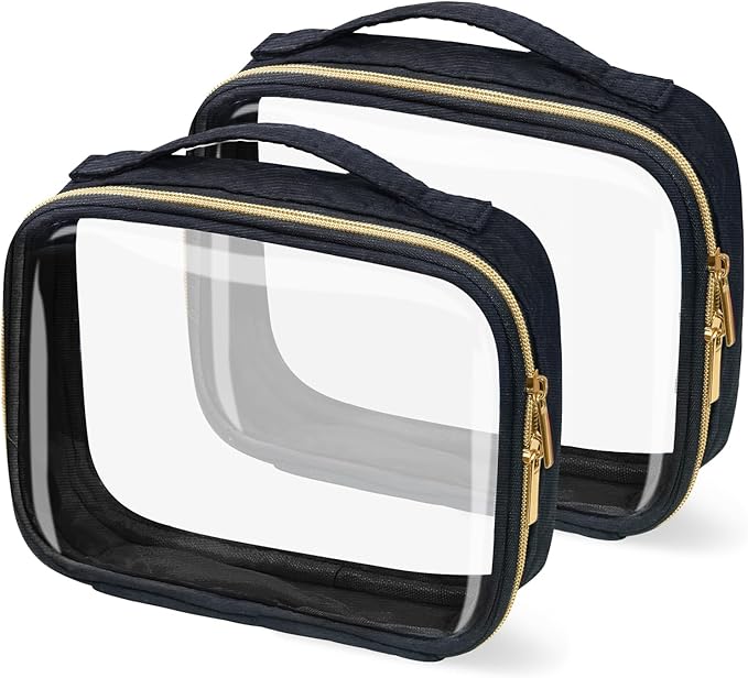 Travel Toiletry Bag,2 Pack Clear Makeup Bags with Handles,180°Opening Clear Cosmetic Bags for Traveling Women,Men,Travel Essentials,Black
