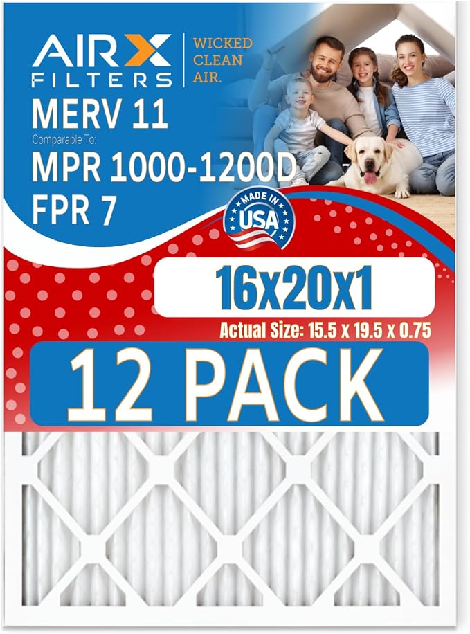 16x20x1 Air Filter MERV 11 Rating, 12 Pack of Furnace Filters Comparable to MPR by AIRXFILTERSWICKEDCLEANAIR