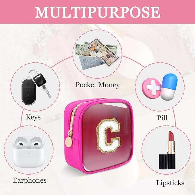 Mini Clear Personalized Initial Makeup Bag,Nylon Preppy A-Z Chenille Letter Patch Zipper Cosmetic Bag, Small Cute Beach Pouch Travel Purse Sanitary Napkin Storage Bag for Women Girls(Hot Pink-White C)