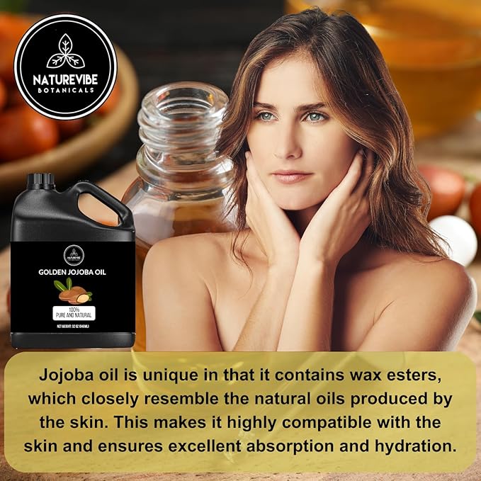Naturevibe Botanicals Golden Jojoba Oil 32 oz – 100% Pure, Cold-Pressed Moisturizer for Skin & Hair | Antioxidant-Rich, Non-Greasy, Carrier Oil & Daily Hydration