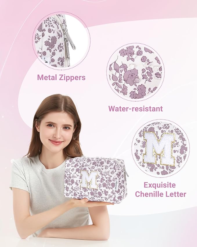 Narwey Birthday Gifts for Teen Girls Kids Women Personalized Initial Floral Makeup Bag Cute Cosmetic Trendy Stuff 6 8 10 11 12 13 14 16 18 Years Old Travel Toiletry Bag (Little Dusty Pink Flower M)