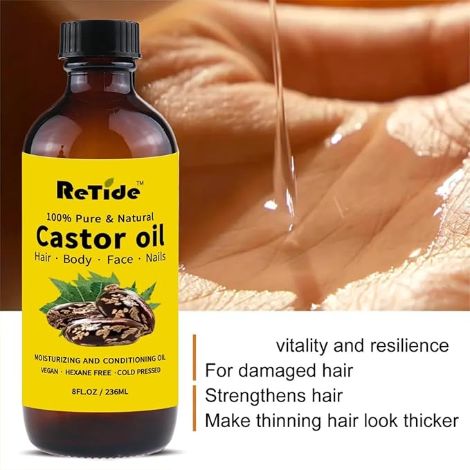 Pure Organic Cold Pressed Castor Oil, Natural Hair, Skin, Nails Treatment, Hexane Free, Amber Glass Bottle, 8 Fl Oz