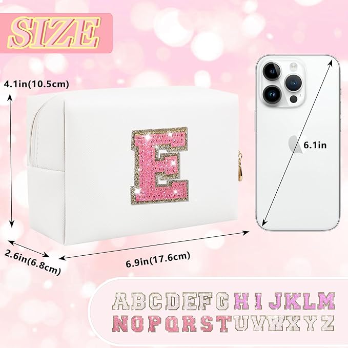 Personalized Initial Letter Makeup Bag, Preppy Glitter Letter Patch Cosmetic Pouch Zipper,PU Waterproof Travel Toiletry Bag Cute Makeup Organizer Monogrammed Make Up Bag,Gift for Women Girls