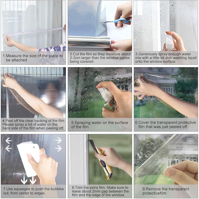 HIDBEA One Way Window Film, Daytime Privacy Sun Blocking Reflective Window Film No Glue Static Cling Heat Control Window Tinting Film for Home and Office, Black Silver, 55.1 x 393.7 Inch