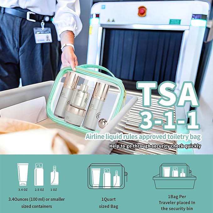 TSA Approved Travel Toiletry Bag,2 Pack Clear Makeup Bags with Handles,Quart Size Clear Cosmetic Bags for Traveling Women,Men,Carry on Airport Airline Compliant Bag,Green