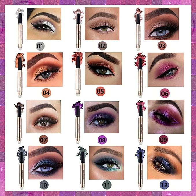 2 in 1 Eyeshadow Pen and Sponge Makeup Brush, Glitter Primer Palette Smooth Cream Shimmer Eye Shadow Pencil Long Lasting Waterproof, Hypoallergenic Highlighter Multi-Dimensional eyes Look