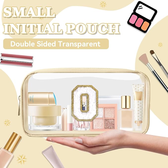 Small Clear Personalized Initial Makeup Bag, Preppy Nylon A-Z Chenille Letter Patch Makeup Organizer TSA Approved Travel Toiletry Bag,Waterproof Zip Beach Cosmetic Pouch Purse for Women(Beige-White O)
