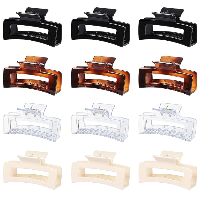 3.5 Inch Medium Square Claw Hair Clips, 12 Pcs Transparent, Amber, Glossy Black for Thick and Thin Hair - Hair Accessories for Women and Girls