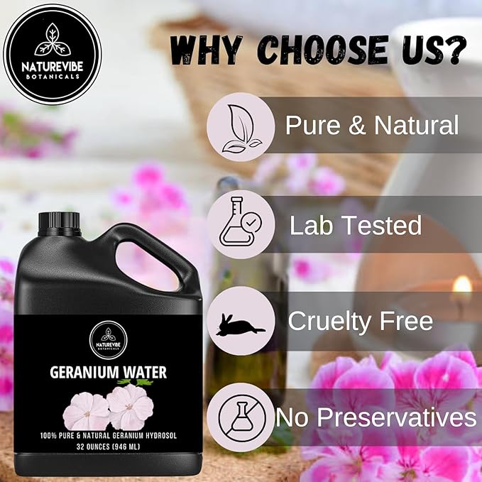 Naturevibe Botanicals Geranium Water 32 Ounces | 100% Pure and Natural | Great for Skin Care and Hair Care