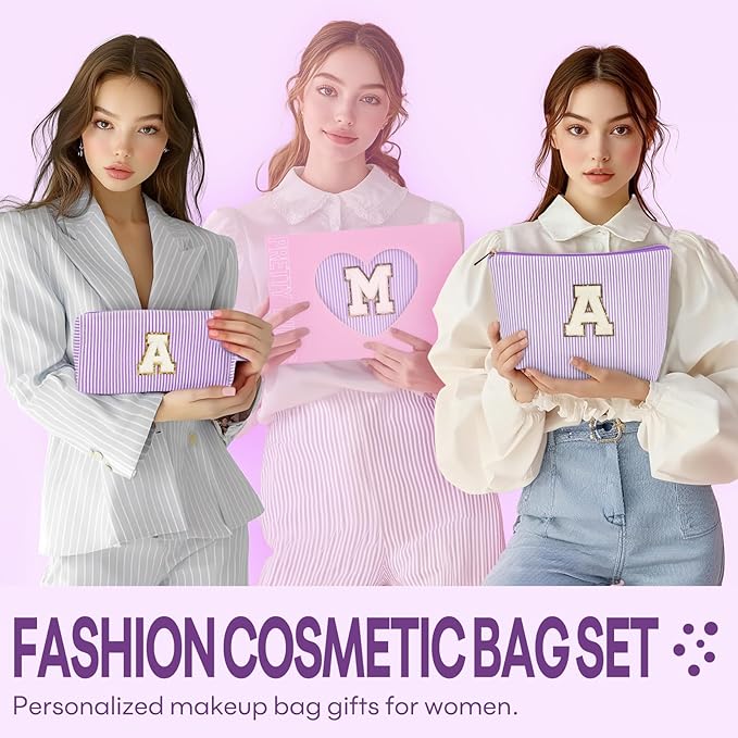 2 PCS Initial Makeup Bags for Women: Cosmetic Bag for Travel Toiletry - Birthday Gifts for 11 12 13 14 15 16 17 18 Years Old Girl Graduation Teacher Gift- Teen Girl Gifts Trendy Stuff - Purple S