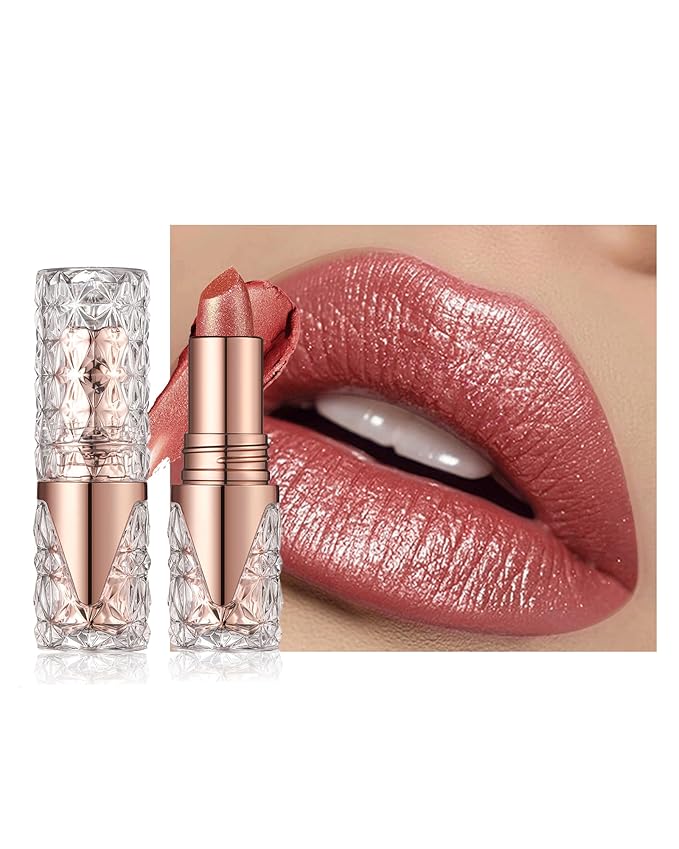 Shimmer Lipstick Long Lasting for Women with Metallic 3D Shine Hydrating Formula, Diamond Nude Glitter Lip Balm Tinted Lip Gloss High Pigmented Lip Color Nonstick Trasferproof Lip Makeup-06