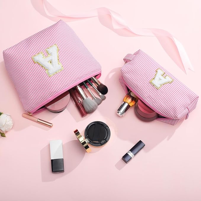 YOOLIFE Cute Pink Initial Make Up Bag Travelling, Personalized Makeup Bag with Zipper Cosmetic Makeup Pouch Travel Accessories Birthday Gift Friends Female Mom Teacher Sweet 16 Gifts Daughter Gifts W