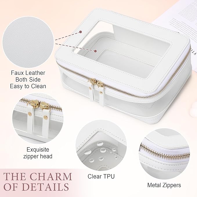 Pinkmik Clear Makeup Bag with Zipper Waterproof Travel Makeup Set for Cosmetics and Toiletries Women's Purse Organizer and Car Essentials (White, M+MINI-1)