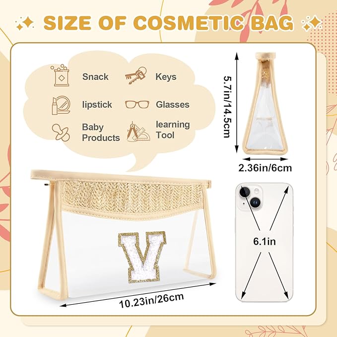 Personalized Initial Letter Bag Boho Straw Clear Makeup Bag,Small Cute Chenille Varsity Letter Pouch With Zipper,Beach Travel Toiletry,Portable Monogrammed Cosmetic Bag for Women Girls,V