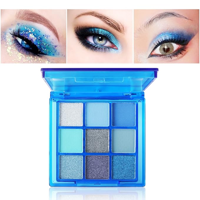 MEICOLY Blue Eyeshadow Palette,9 Colors Matte Glitter Eye shadow Palette,Metallic Silver Bright Waterproof Pressed Avatar Sally Makeup,Shimmer Pigmented Corpse Bride Eye Shadow for Halloween