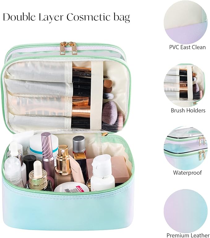 Travel Makeup Bag Cosmetic Bag Makeup Bags for Women Cosmetics Cases Portable Waterproof Foldable (Rainbow Green)