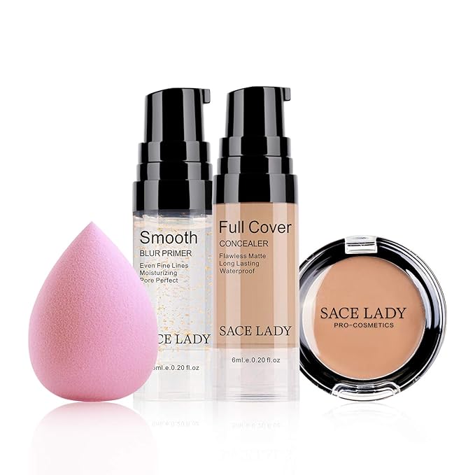 Waterproof Full Coverage Concealer with Primer Sponge Set, Smooth Matte Flawless Creamy Liquid Foundation Corrector Makeup Kit Face Eye Dark Circles Spot Acne Scar Covers (0.2Fl, Color: 3.5-MEDIUM)