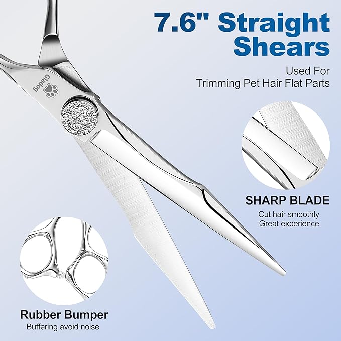 GLADOG Luxury Dog Grooming Scissors Set - 7" Straight, 6.5" Thinning, 7" Curved Dog Shears for Grooming - 9CR Steel, Professional Grooming Kit for Dogs