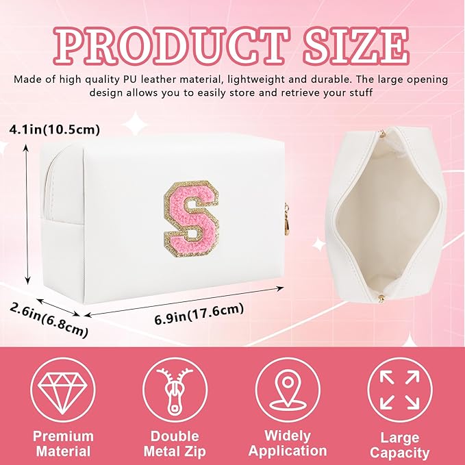 Personalized Initial Letter Patch Makeup Bag, Preppy Portable Chenille Letter Cosmetic Bag with Zipper, PU Leather Waterproof Travel Toiletry Bag Monogram Make Up Pouch for Women Girls(Letter S)