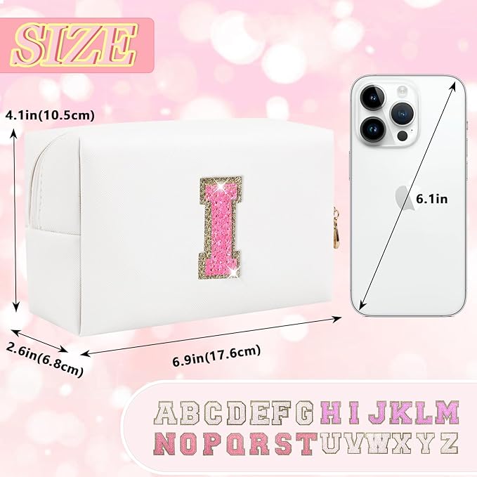 Initial Letter Patch Makeup Bag, Small Preppy A-Z Glitter Letter Cosmetic Bag, PU Leather Waterproof Travel Toiletry Bag, Cute Make Up Pouch Personalized Monogrammed Gift for Women Teen Girls