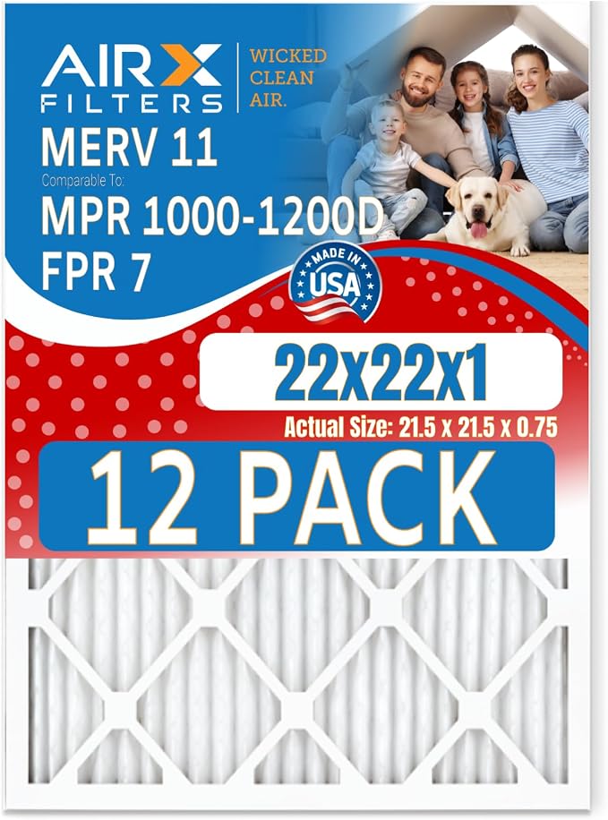 22x22x1 Air Filter MERV 11 Rating, 12 Pack of Furnace Filters Comparable to MPR by AIRXFILTERSWICKEDCLEANAIR