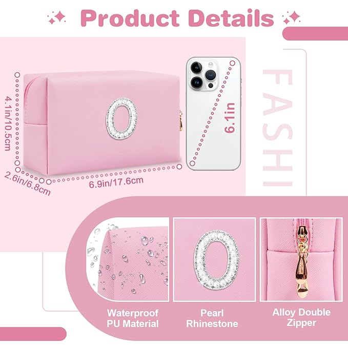 ChaoGreat Bride Gifts – Personalized Initial Makeup Bag with Pearl Rhinestone Patch, Preppy Pink Monogram Cosmetic/Toiletry Pouch, bridesmaid Gifts, Bridal Shower Gifts, Wedding Gifts, Bridal Gifts,O