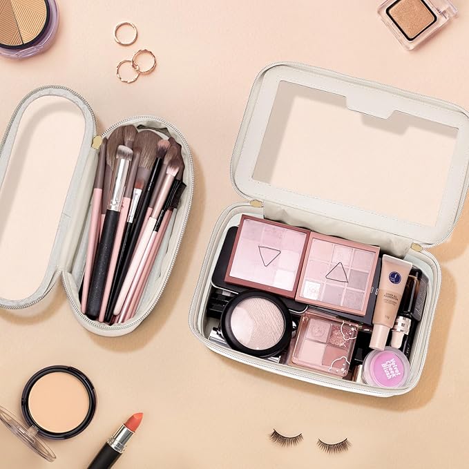 Travel Clear Makeup Bag with Makeup Brush Bag, Leather Makeup Case Toiletry Bag, Portable Cosmetic Bag Case, Transparent Waterproof Cosmetic Organizer Storage Bag for Women, Medium, Off-White