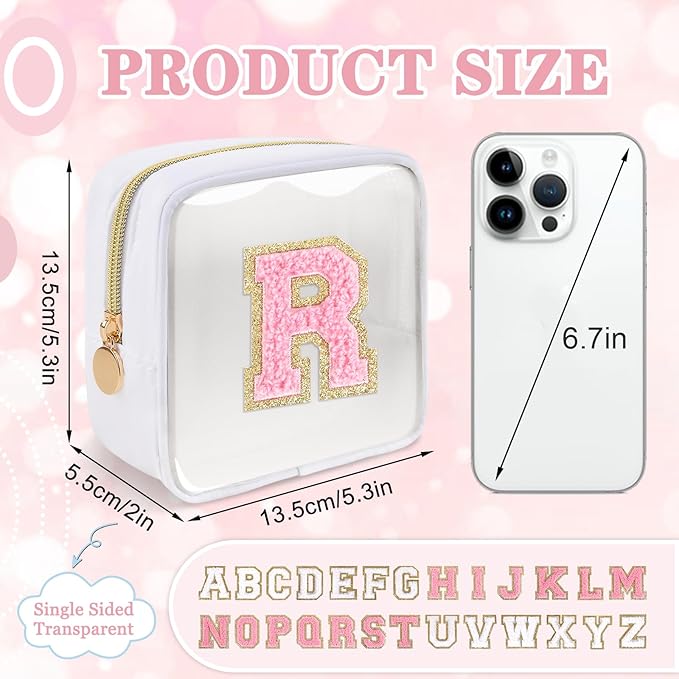 Mini Clear Personalized Initial Makeup Bag,Nylon Preppy A-Z Chenille Letter Patch Zipper Cosmetic Bag, Small Cute Beach Pouch Travel Purse Sanitary Napkin Storage Bag for Women Girls(White-Pink R)