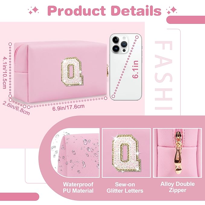 Small Personalized Initial A-Z Patch Makeup Bag,Pink Cute PU Leather Glitter Letter Cosmetic Bag for Teen Girls,Travel Toiletry Bag with Zipper,Preppy Monogrammed Birthday Gift for Daughter Niece Q
