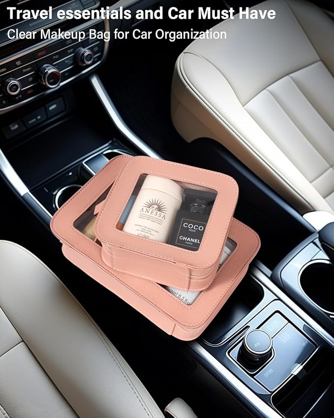 LETGO Clear Makeup Bag Set for Women Portable Clear Makeup Bag Cute Waterproof Travel Cosmetic Bag for Pink Car Accessories for Girls (Pink, Standard + Mini)