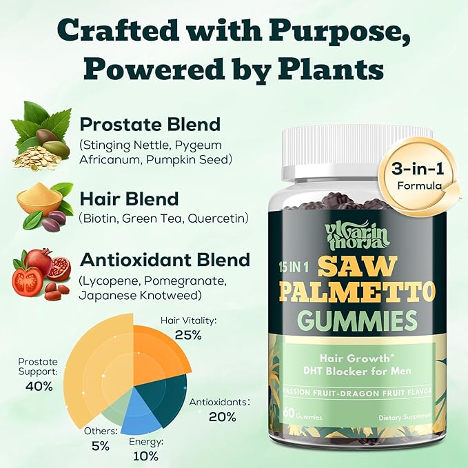 Saw Palmetto Gummies for Men – 600mg Extra Strength DHT Blocker with Biotin, Pumpkin Seed – Supports Prostate Function, Urinary Flow & Hair Regrowth Supplement, 60 Passionfruit-Dragonfruit Gummies