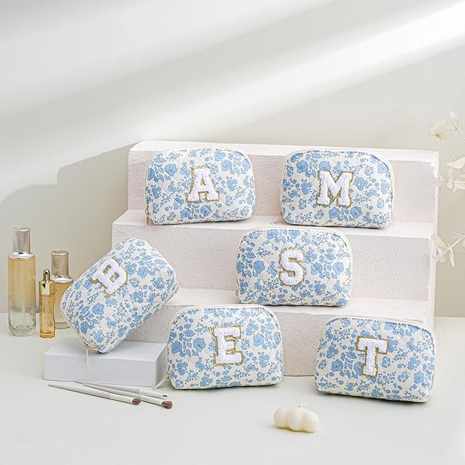 JOVAKIT Conch Alphabet Makeup Bag Cosmetic Bag for Women, Christmas Gifts for Women Girls, Blue Floral Coquette Travel Bag, Zipper Make Up Pouch Organizer Trendy Stuff (Blue Floral K)