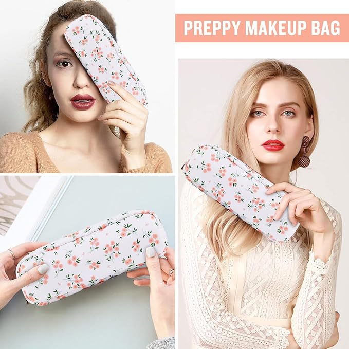 izuzta Nylon Small Floral Makeup Bag Slim Pouch, Preppy Cute Makeup Brush Case Bag Cosmetic Zipper Pouch Purse, Waterproof Travel Toiletry Bag Coin Pouch Make Up Organizer Women Girls(White-Floral)