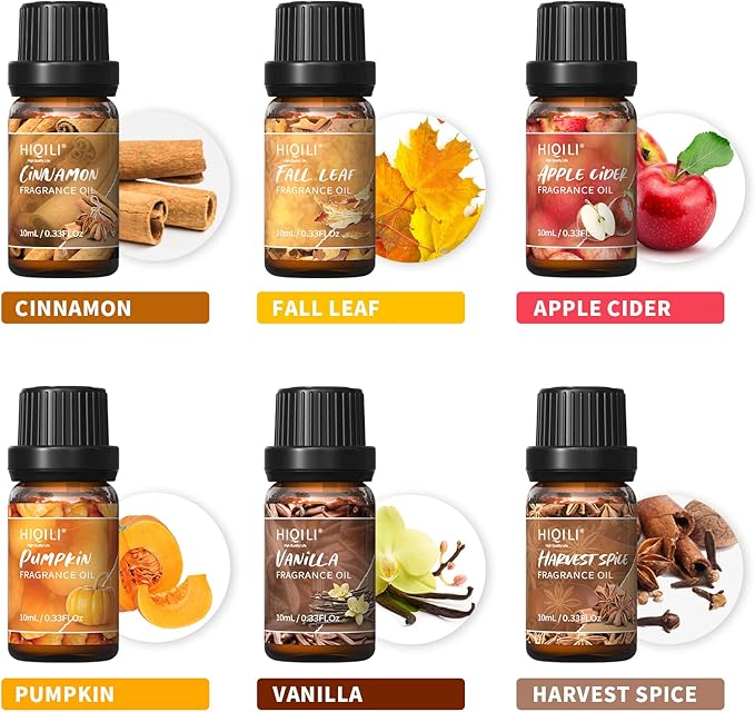 HIQILI Spice Fragrance Oil, Scented Oil 6x10ml for Candle Making Soap Slime, Fall Essential Oils for Diffuser Home, Cinnamon Pumpkin Vanilla Apple Cider Harvest Spice Fall Leaf, Christmas