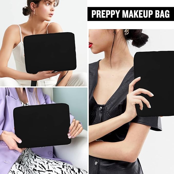Nylon Large Makeup Bag Travel Pouch for Women, Preppy Big Black Makeup Bag Cute Cosmetic Zipper Pouch Purse, DIY Chenille Letter Bag Waterproof Toiletry Bag Clutch Make Up Organizer for Girls(Black)