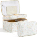 HBselect 2Pcs Travel Makeup Bag, Large Cotton Quilted Makeup Bag Cosmetic Bag Cute Make up Bag Toiletry Bags for Women Girls