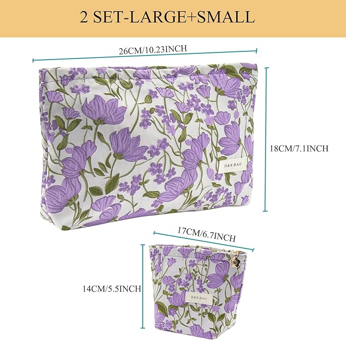 2 Pcs Makeup Bags, Large Cosmetic Bag Travel Toiletry Bag Organizer for Women, Embroidery Craft, Floral Makeup Bag Small Cosmetic Pouch Purse with Zipper Gifts for Girls Teen