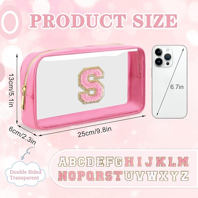Small Clear Personalized Initial Makeup Bag,Nylon Preppy A-Z Chenille Letter Patch Cosmetic Pouch Beach Toiletry Bag,Waterproof Zipper Travel Purse Storage Bag Organizer for Women Girls(Pink-Pink S)