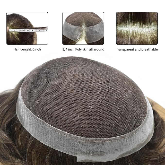 Mens Toupee Human Hair Piece French Lace Toupee for Man Hair System Indian Human Hair Replacement Systems V-Looped PU Front Hairpieces 8"X10" 2# DARKEST BROWN