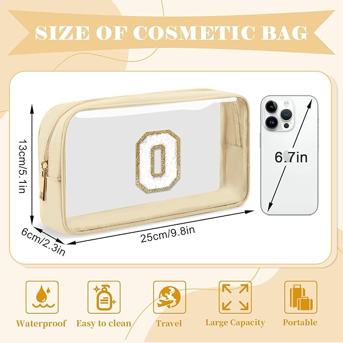 Personalized Initial Letter Clear Makeup Bag,Preppy Small Nylon&PVC Cosmetic Zipper Bag with Chenille Letter,Portable Beach Travel Skincare Toiletry Bag,Trendy Monogram Gift for Teen Girls Women,O
